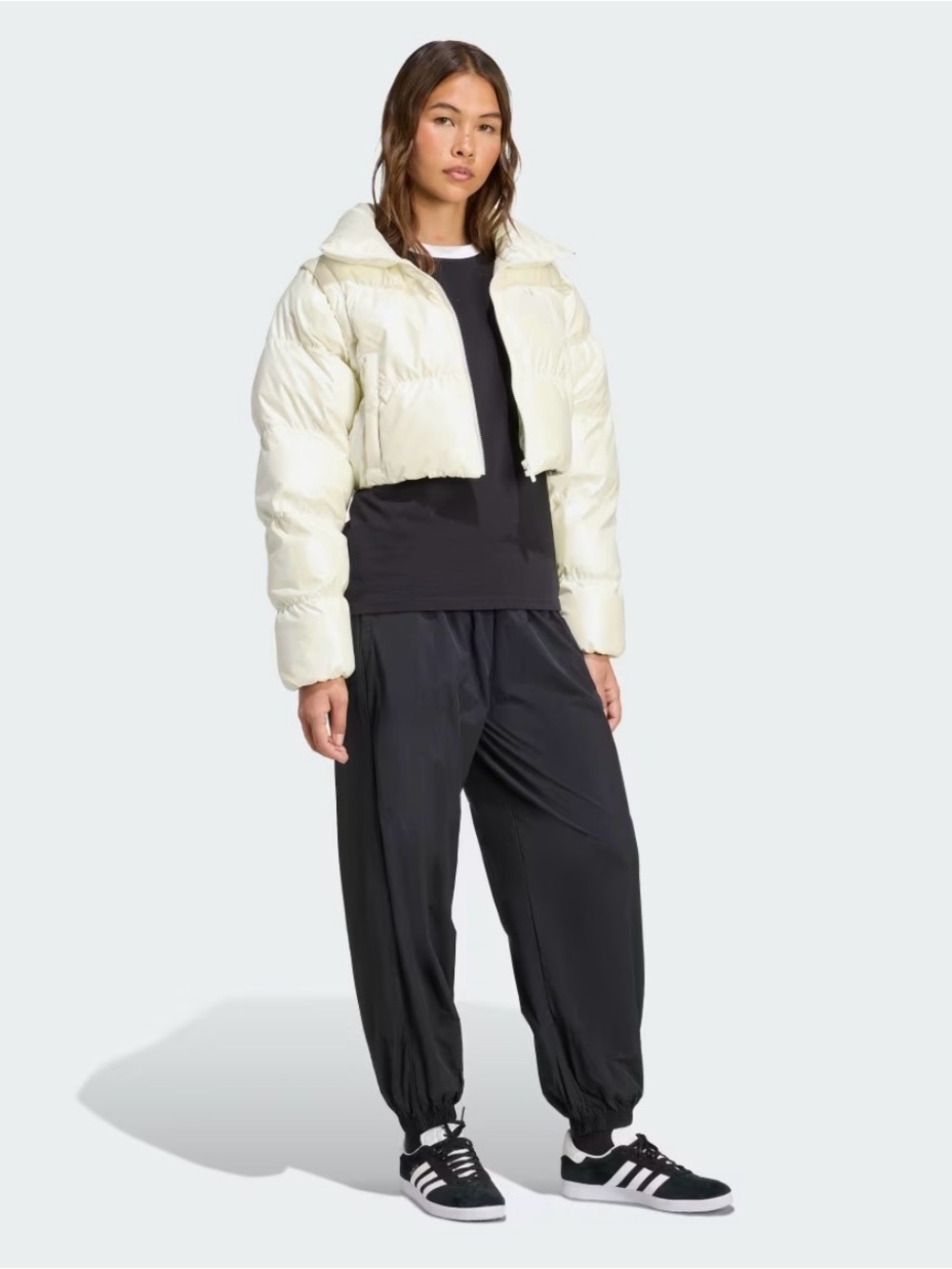 Adidas Originals Essentials Glossy 2-in-1 Cropped Puffer Jacket Ivory L NWT - Picture 4 of 10